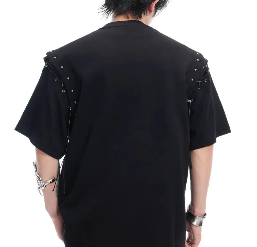 Short sleeve black t-shirt with lace-up cutout design on front