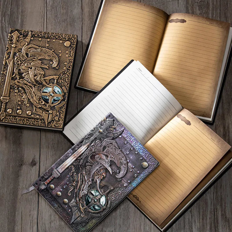 A5 leather notebook with an embossed 3D warriors relief design on the cover, shown open on paper pages.