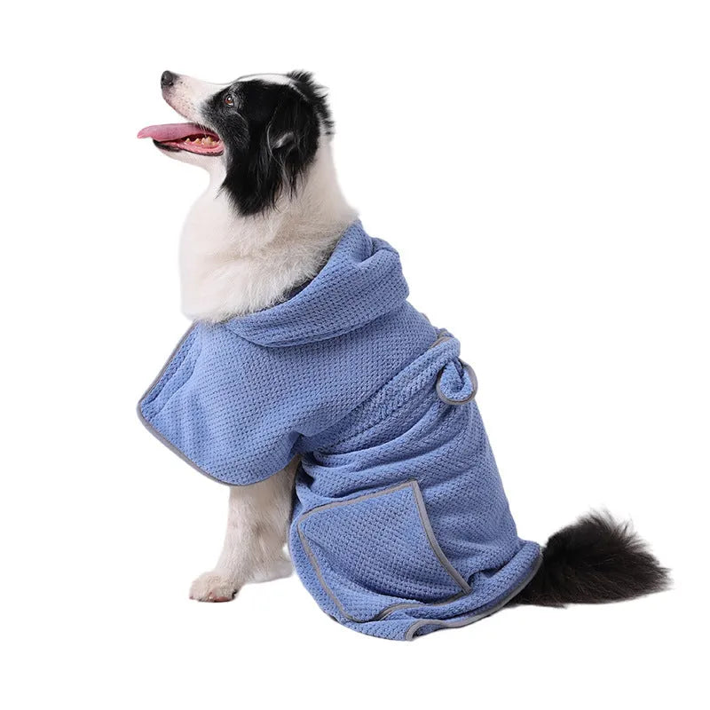 Blue quick drying dog bath robe towel with adjustable waistband placed on a fluffy mat