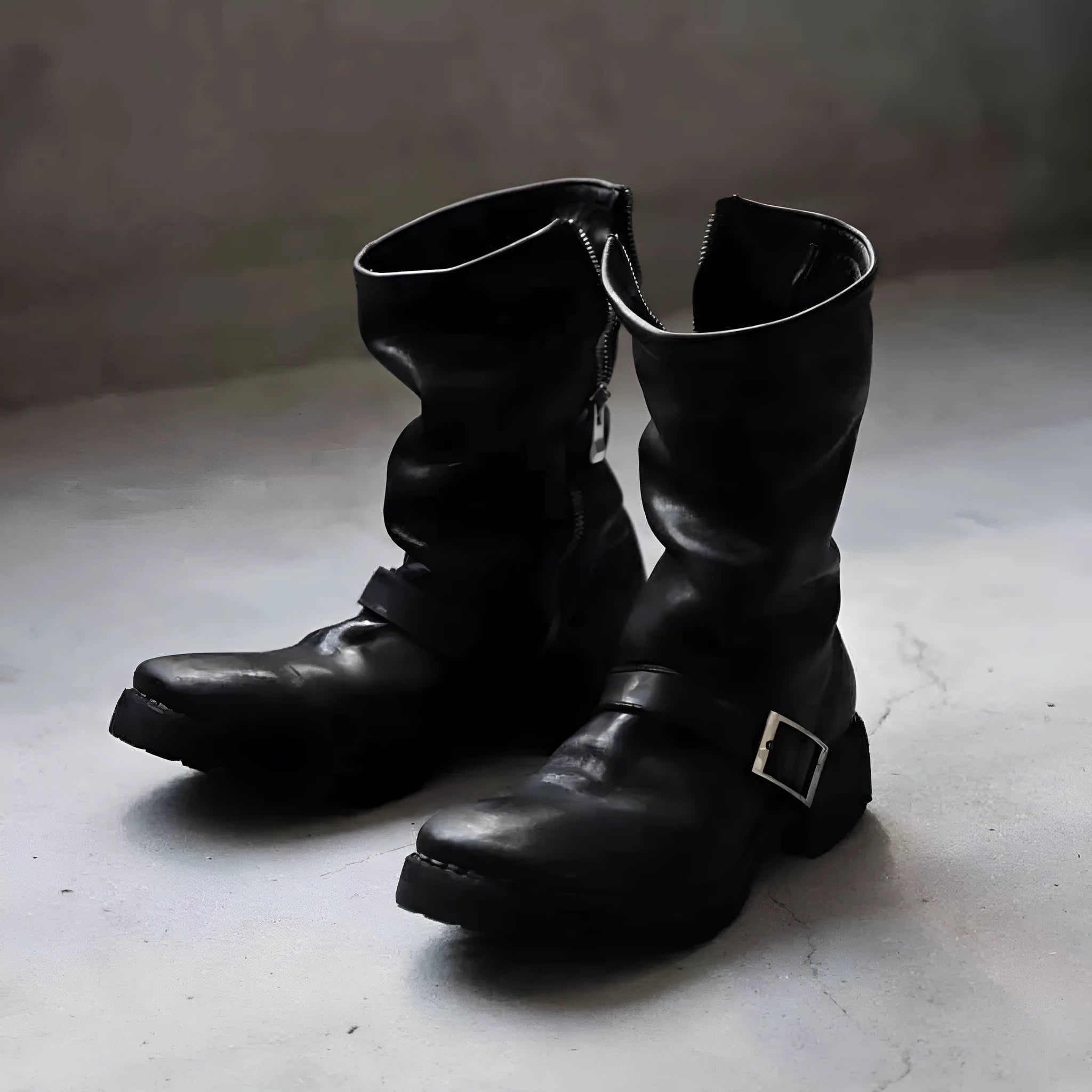 Men's dark retro Martin boots with side zip, round toe, in black and leather black options.