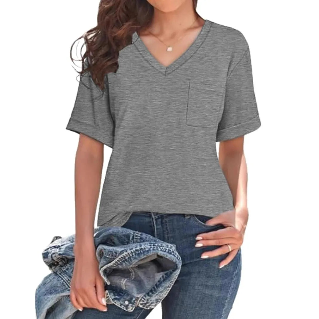 Grey loose fit V-neck T-shirt with chest pocket in Japanese Korean casual style