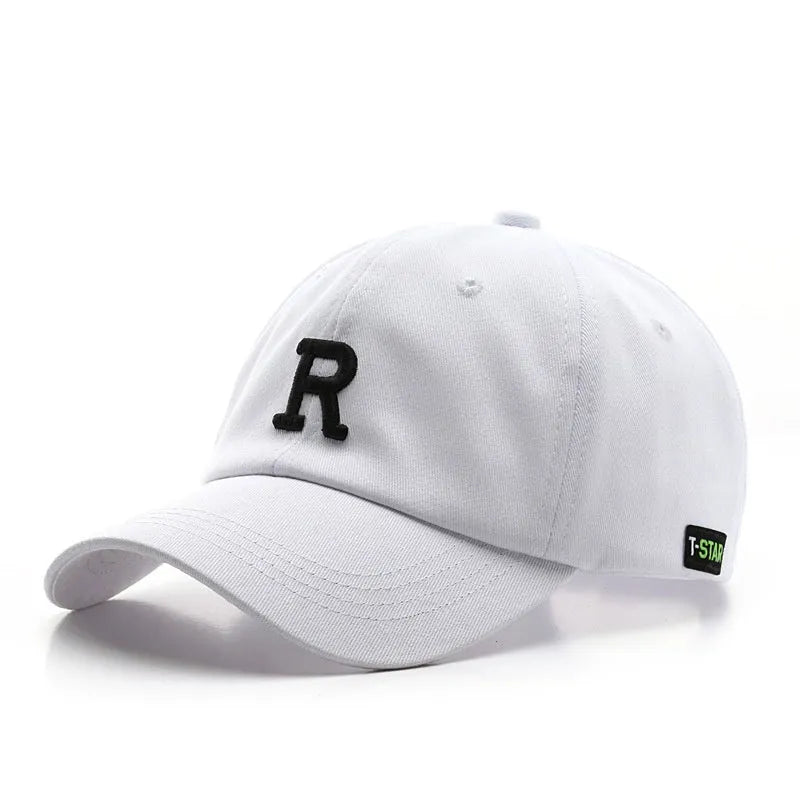 Adjustable unisex baseball cap with embroidered letter R in black cotton satin weave with brim