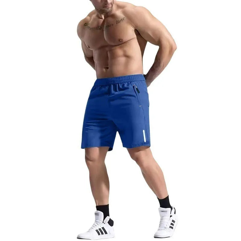 Men's grey elastic waist sports shorts made from bamboo fibre polyester fabric on a plain background.