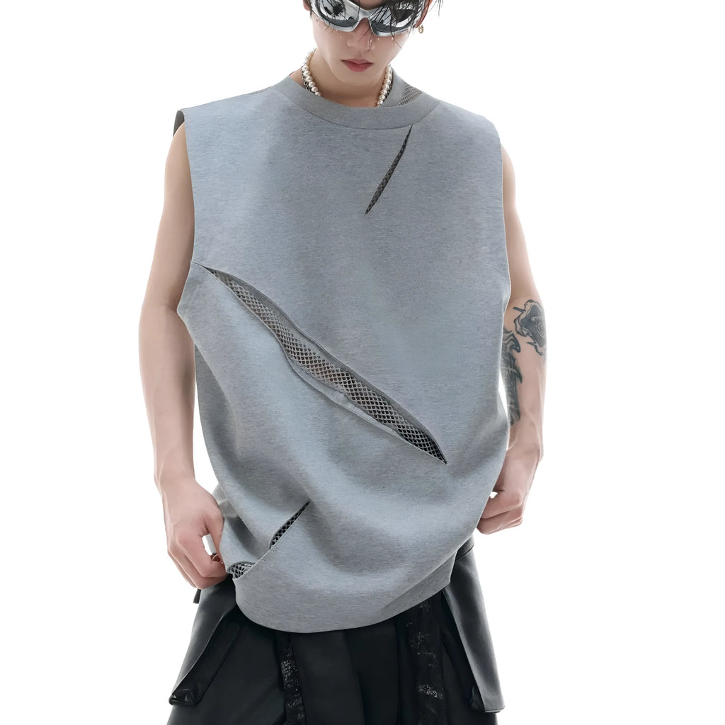 Niche 3D cutting hollow mesh sleeveless vest in black slim fit with metal decoration