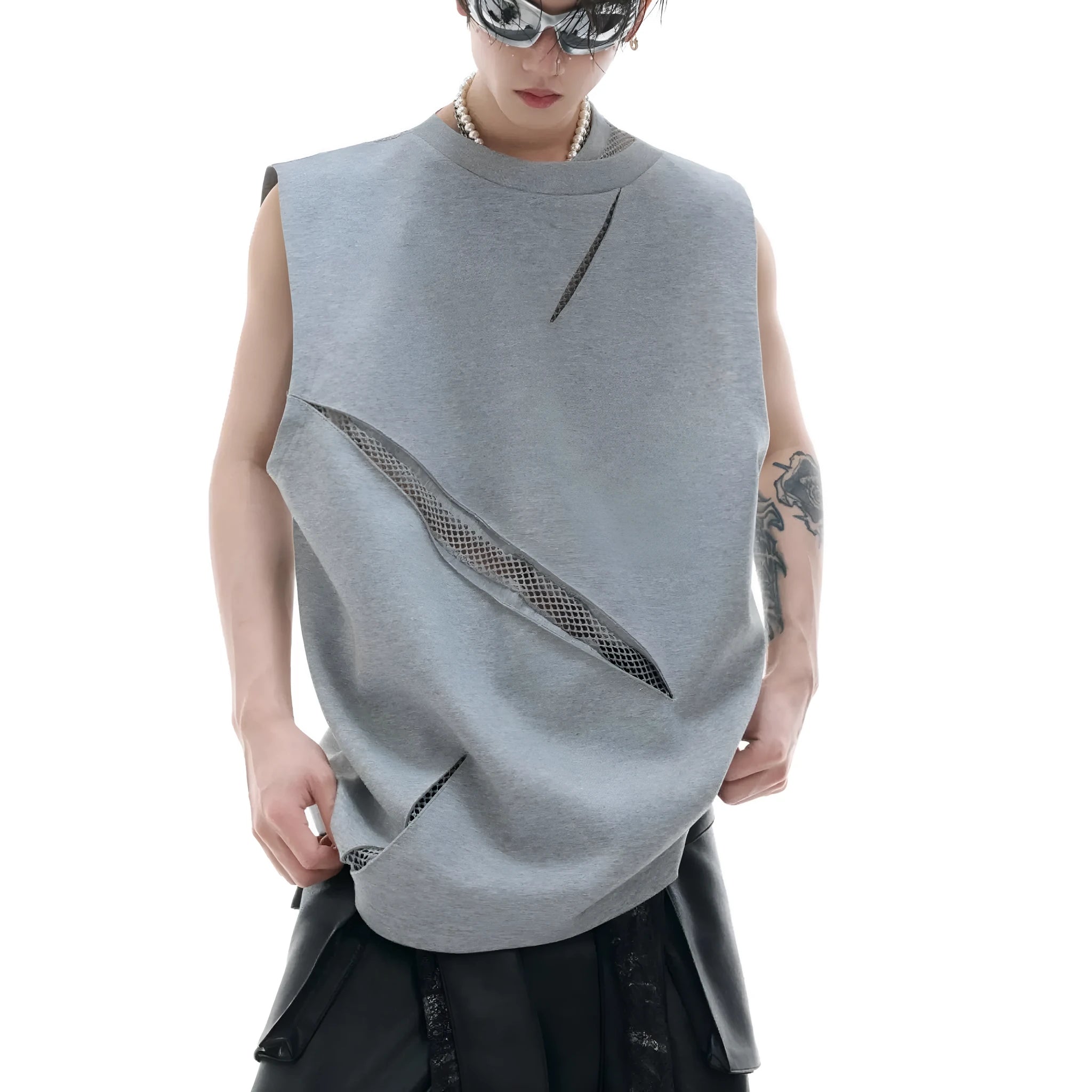 Niche 3D cutting hollow mesh sleeveless vest in black slim fit with metal decoration