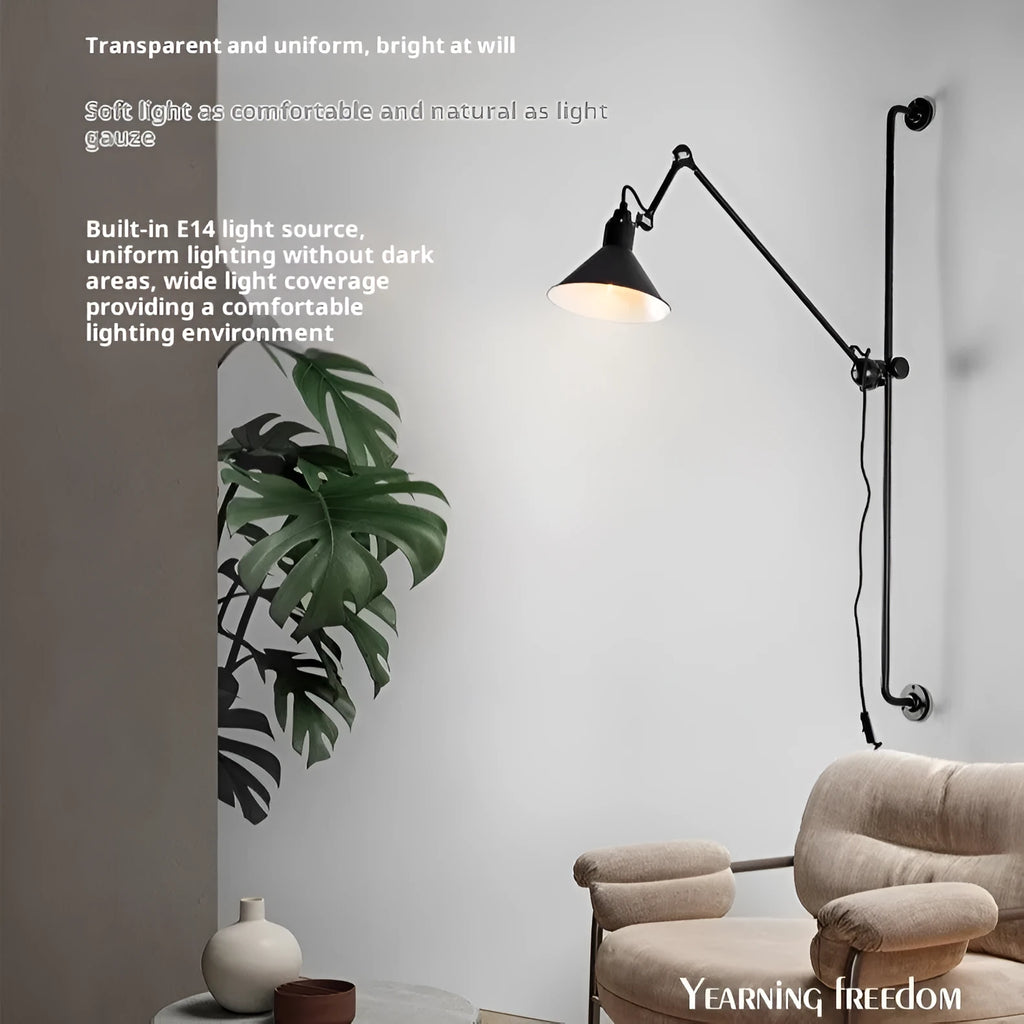 Nordic style rotating rocker arm wall lamp with black iron lampshade and warm bulb