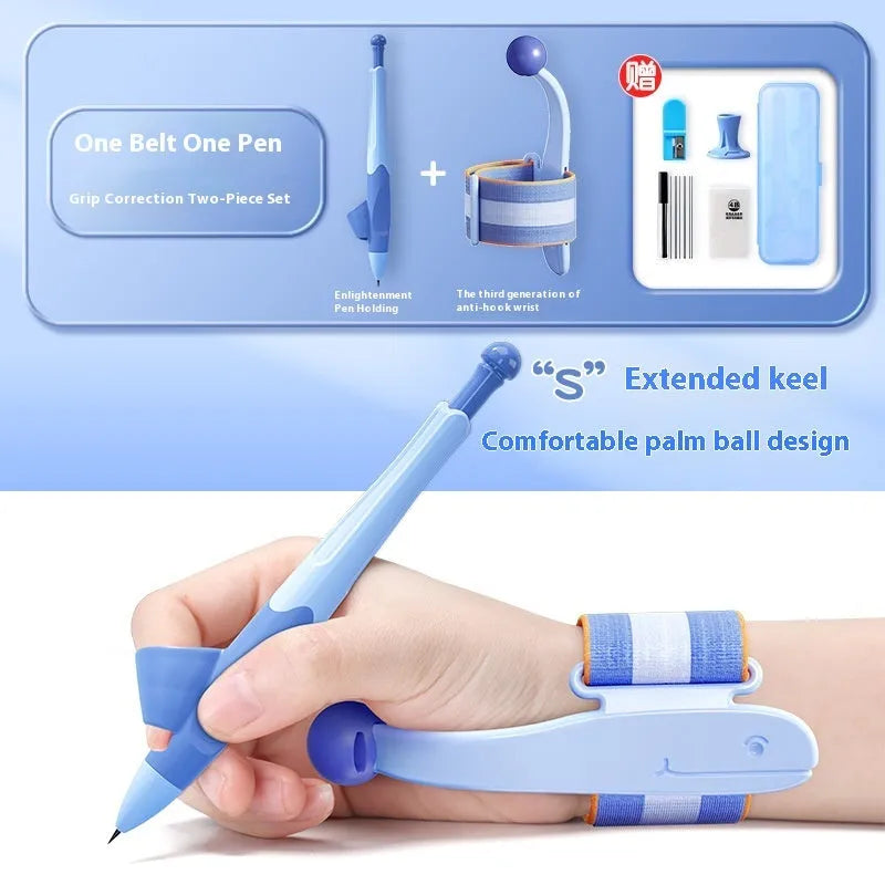 Blue Anti-hook Holder Pen Control Corrector, a wrist brace and pencil grip for children's handwriting.