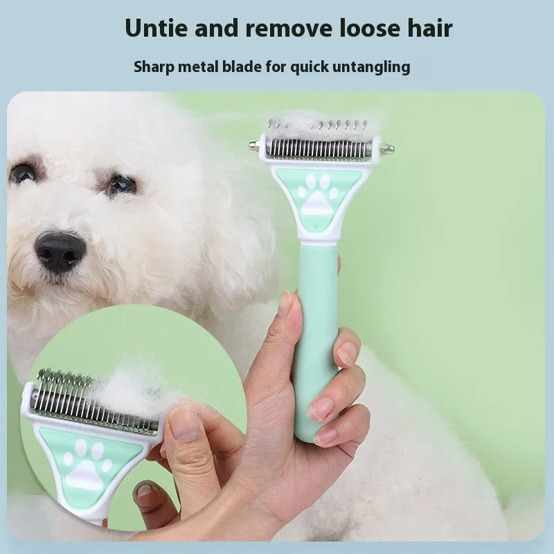 Yellow pet comb for knot untying with metal teeth and plastic handle, grooming tool for dogs and cats