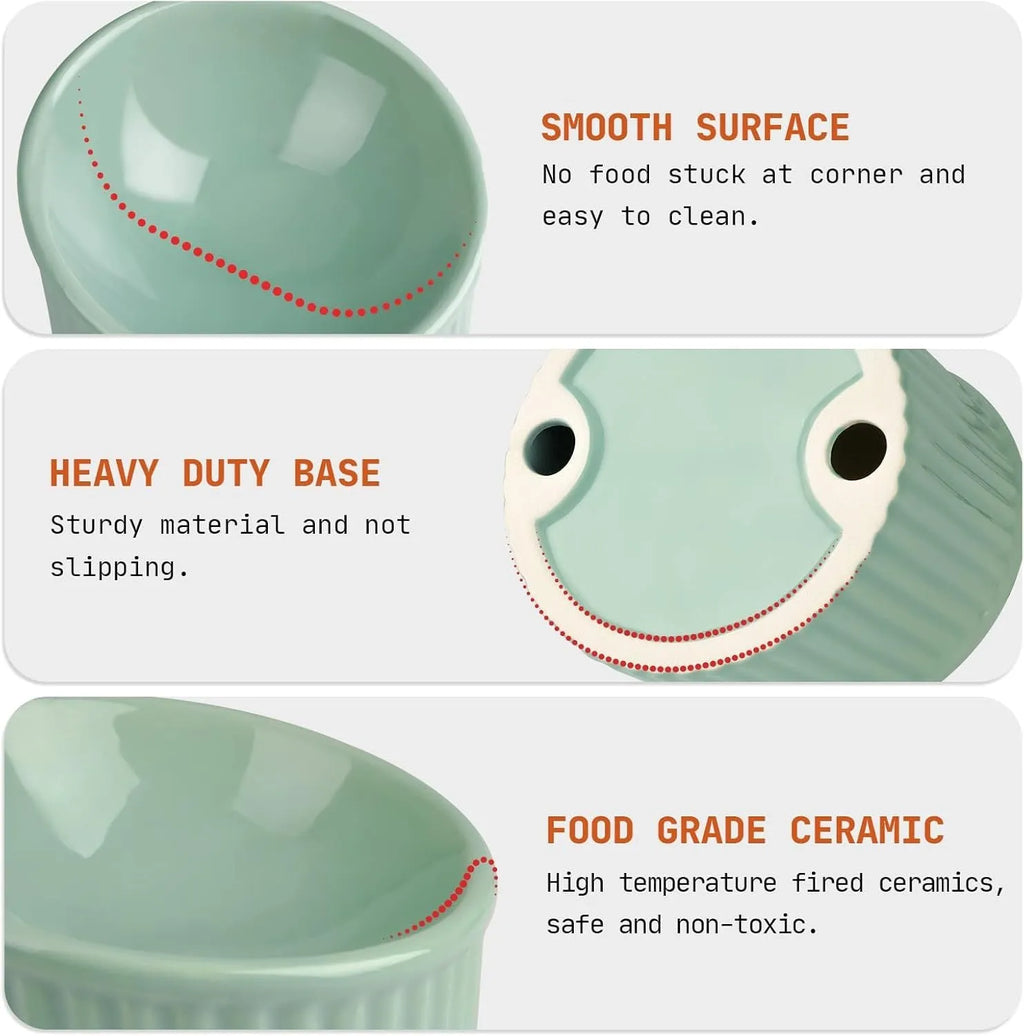 Ceramic elevated cat bowl in light green, showing its tilted, round shape and raised design on a table.