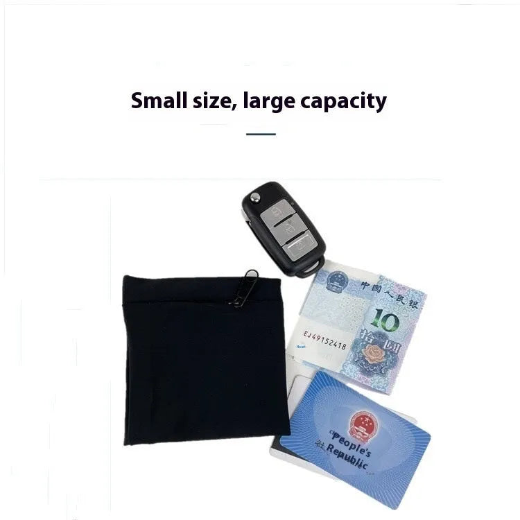 Black wrist bag armband sleeve for mobile phone, shown on an arm, dimensions 10cm by 10.5cm.