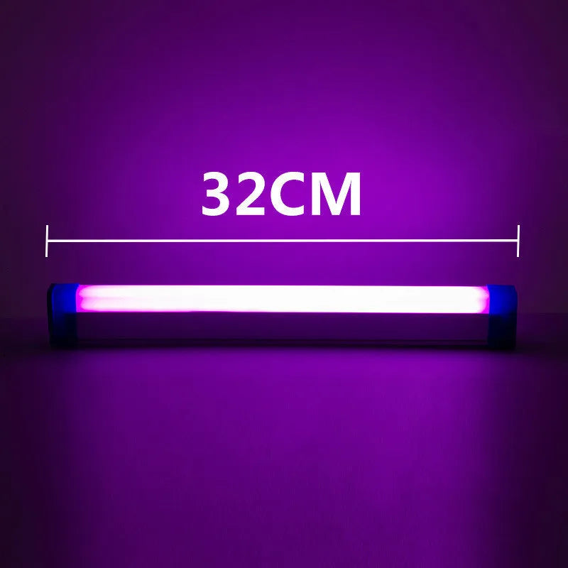 Blue and purple rechargeable LED light tube with USB cable, shown in 17cm, 32cm and 52cm lengths.
