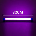 Blue and purple rechargeable LED light tube with USB cable, shown in 17cm, 32cm and 52cm lengths.