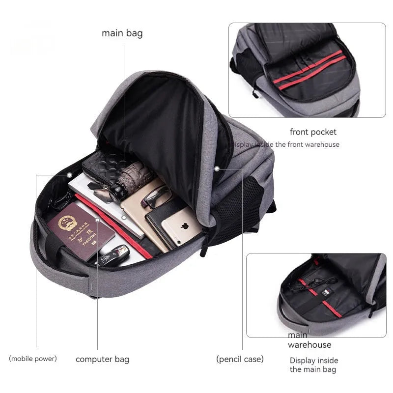 Men's large capacity travel leisure backpack Oxford cloth solid colour light gray blue black sewing thread detail