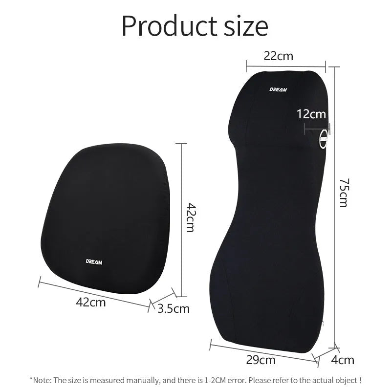 Black integrated memory foam car cushion and lumbar support pillow on a car seat.