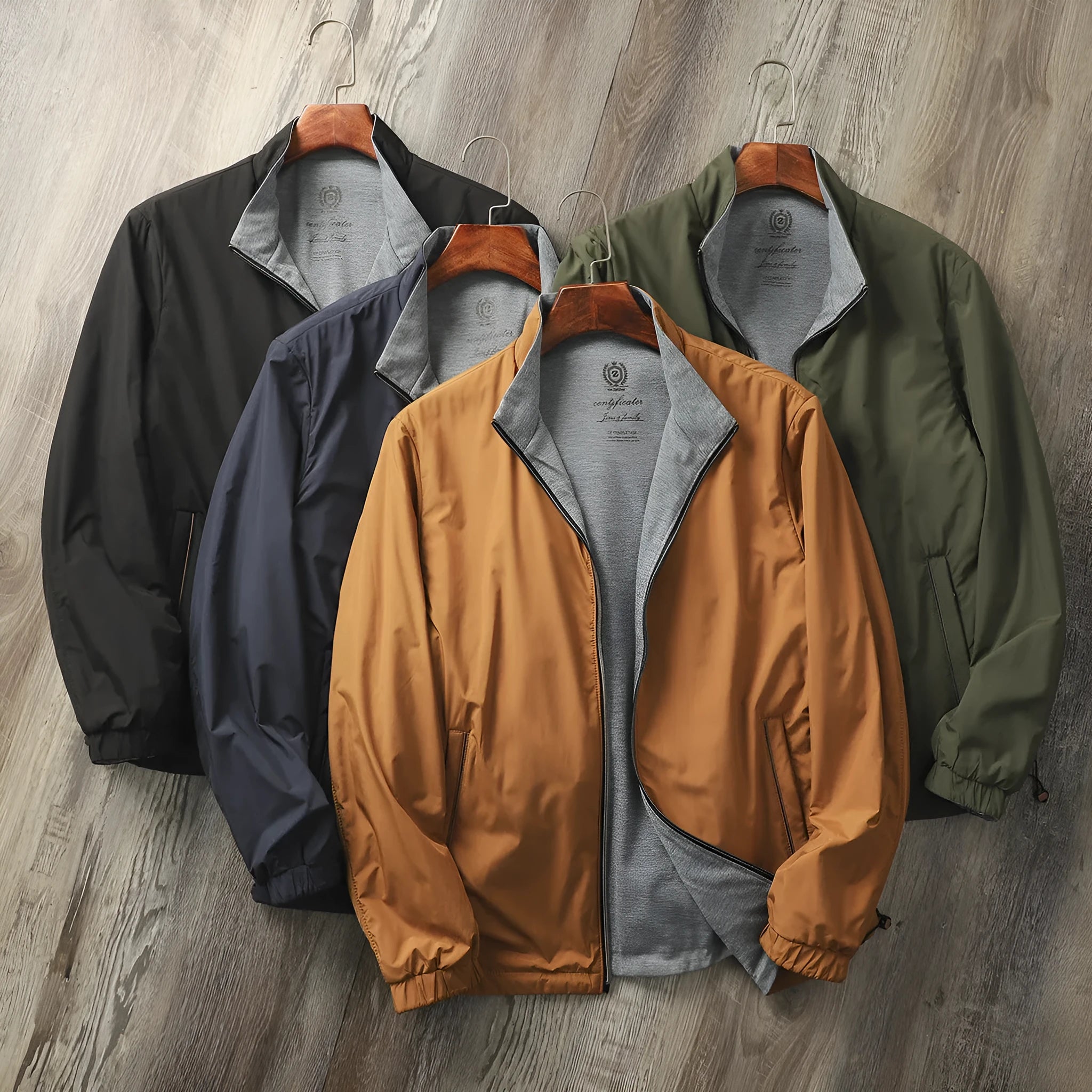 Men's stand collar jacket in polyester blend with cotton lining, shown in Army Green colour.