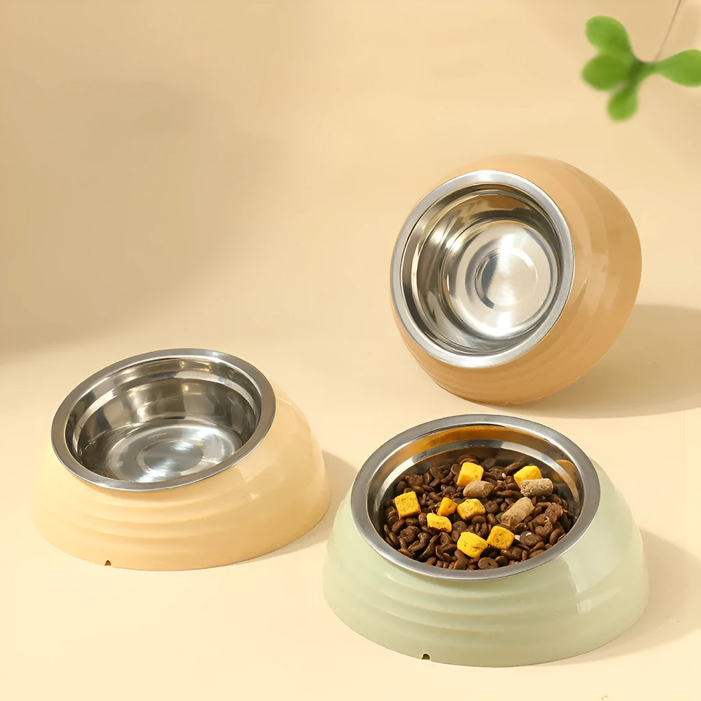 Stainless steel cat bowl in beige, brown, and light green colour options