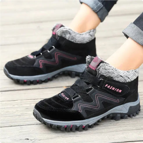 Mid-cut casual shoes with thick sole, cotton upper, round toe, wedge heel, in black, grey, and purple colours