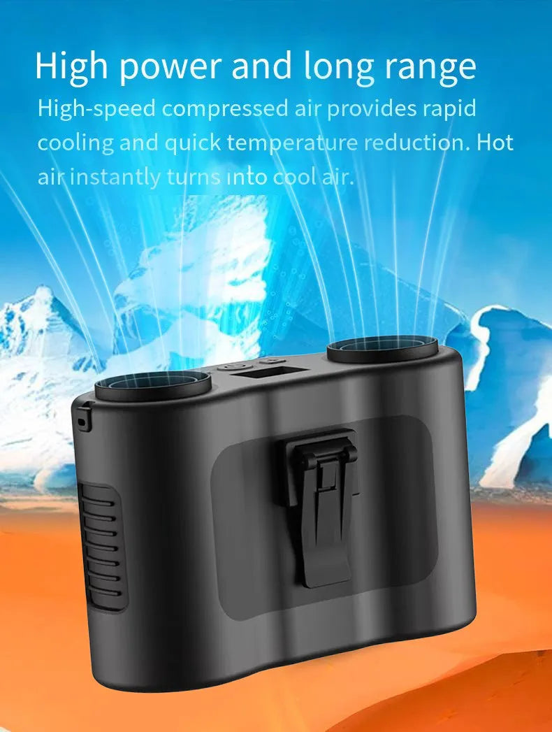 Black waist-hung portable fan showing lanyard attachment and top control button.
