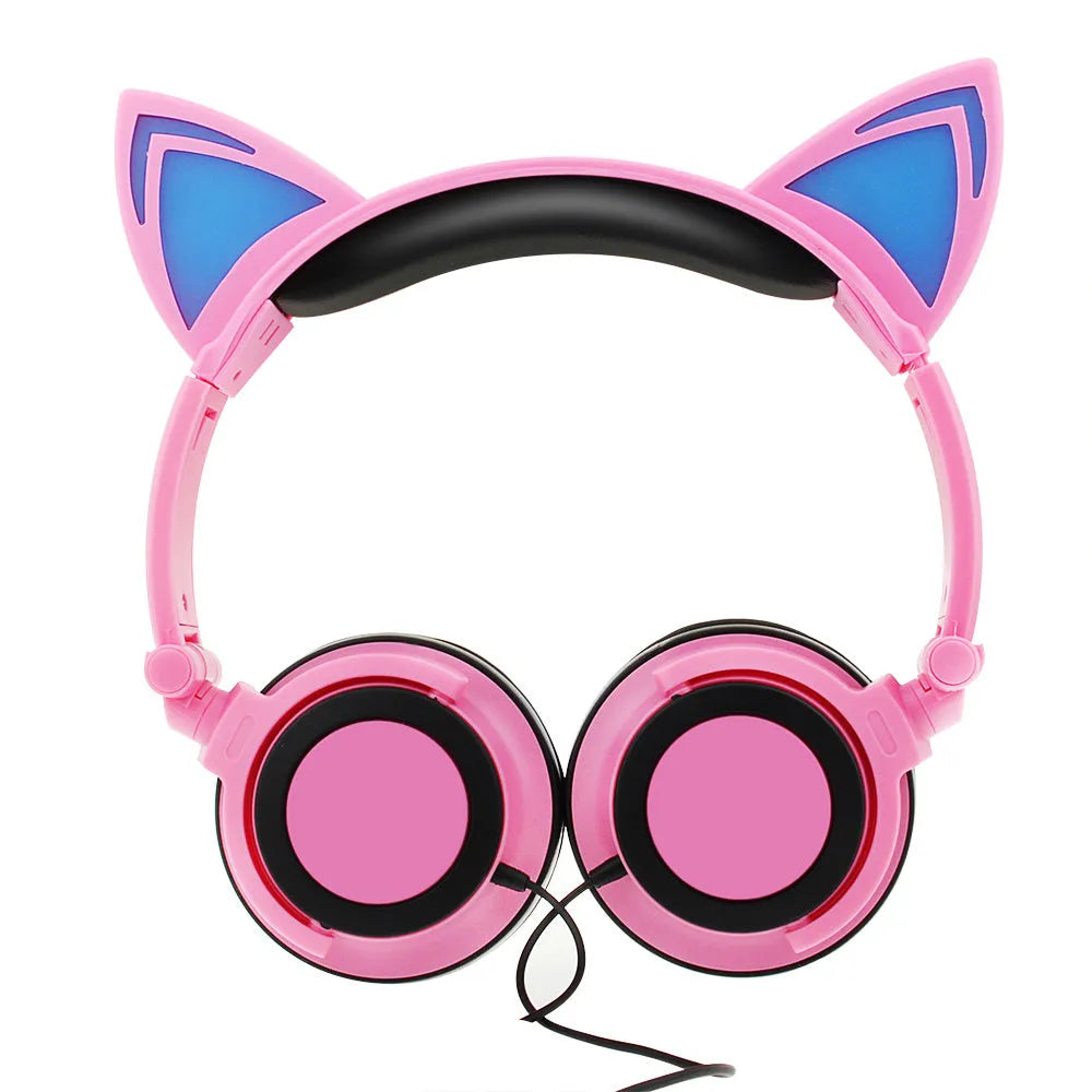 LED illuminated cat ear headphones showing lights on ears and cushions, available in multiple colours