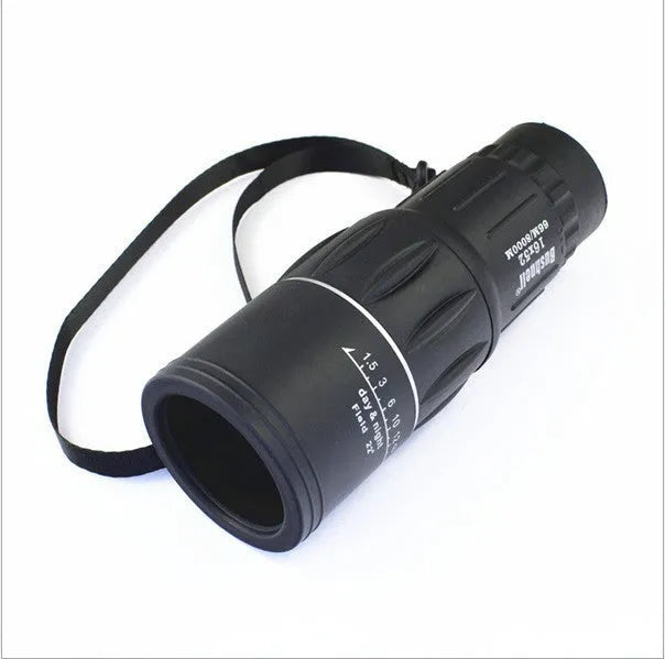 Black 16x52 high-power monocular telescope with 52mm lens and HD green film coating.