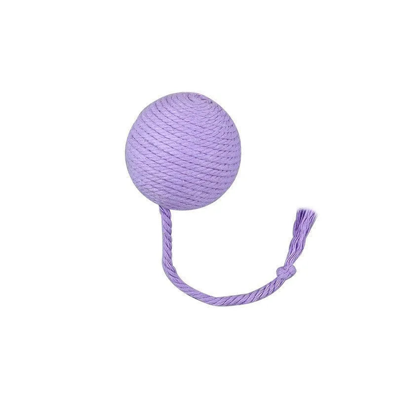 Cat toy ball with rope and bell in green pink purple yellow colours showing 3cm and 6cm size options