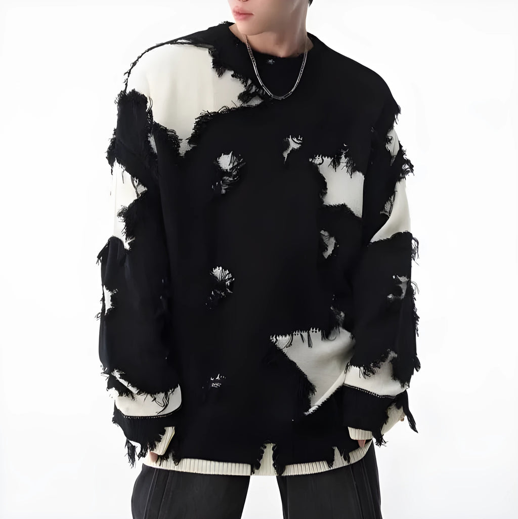 Men's loose hem irregular hole sweater in black, cotton blend, long sleeve pullover for spring autumn daily wear