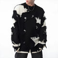 Men's loose hem irregular hole sweater in black, cotton blend, long sleeve pullover for spring autumn daily wear