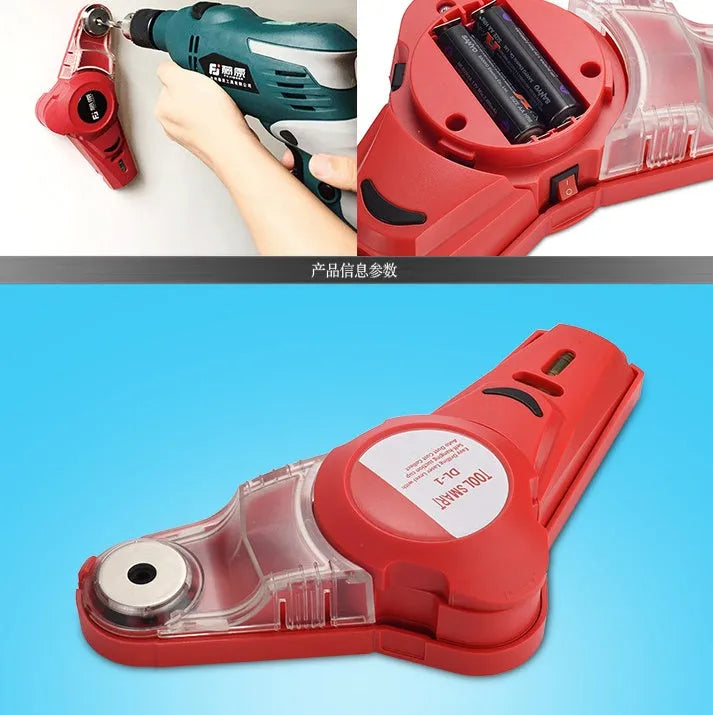 Red portable woodworking laser level with punch positioning tool on a workbench.