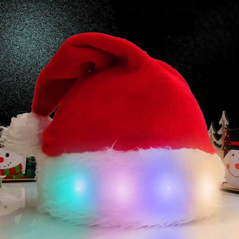 Red and white plush Santa hat with LED lights glowing in multiple colours, pom-pom decoration
