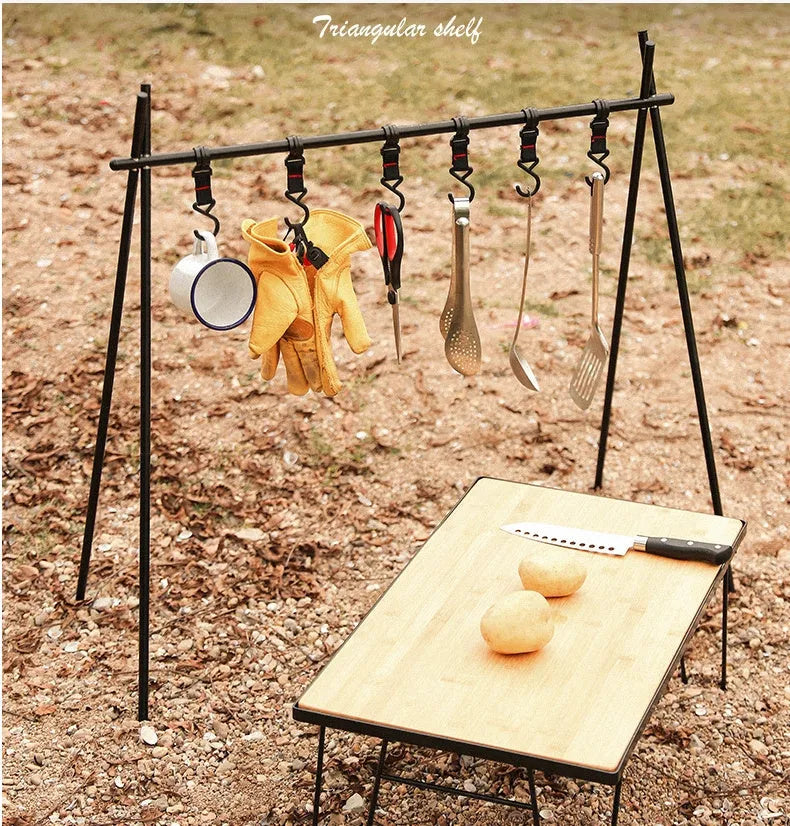 Aluminium alloy foldable triangle camping clothes drying rack with multiple hooks