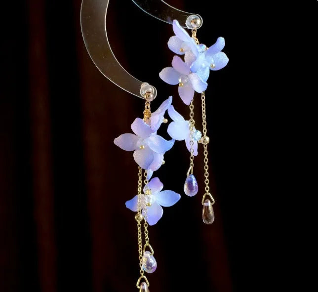 Handmade cold blue purple flower long tassel water drop earrings, gold-plated inlay with artificial gem and semi-precious stone, auricular needle or ear clip style