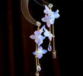 Handmade cold blue purple flower long tassel water drop earrings, gold-plated inlay with artificial gem and semi-precious stone, auricular needle or ear clip style