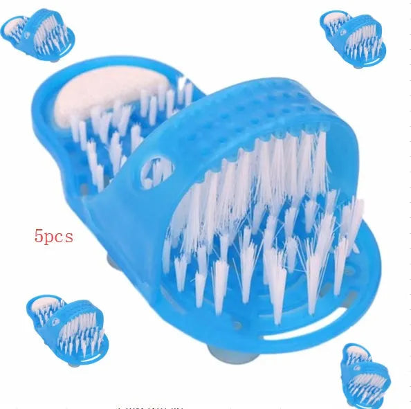 Blue shower feet slipper with suction cups and built-in pumice stone on a wet shower floor