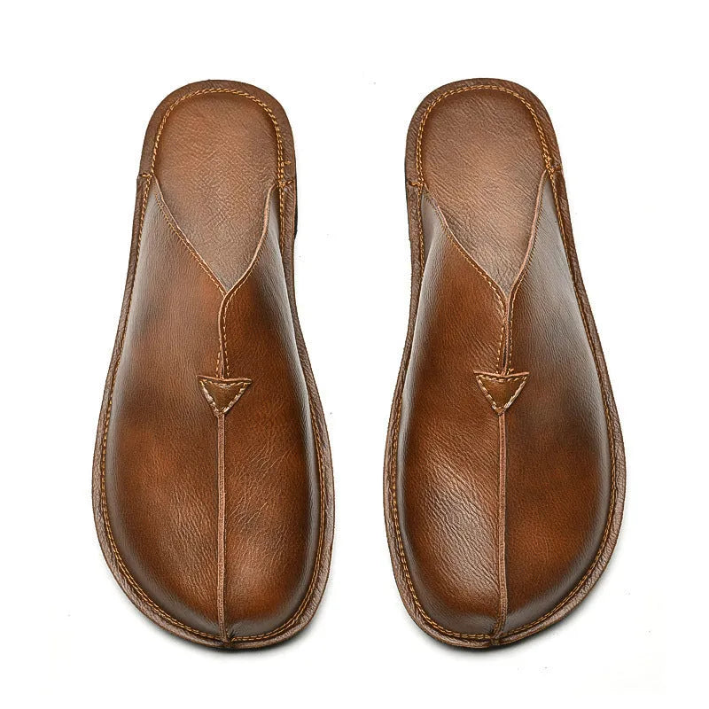 Men's retro flat beach slippers in brown with rubber sole and viscose craft, size 38-47