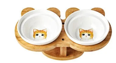 Ceramic cat bowl set on wood base with two bowls, 31.8cm, Grey Cat style