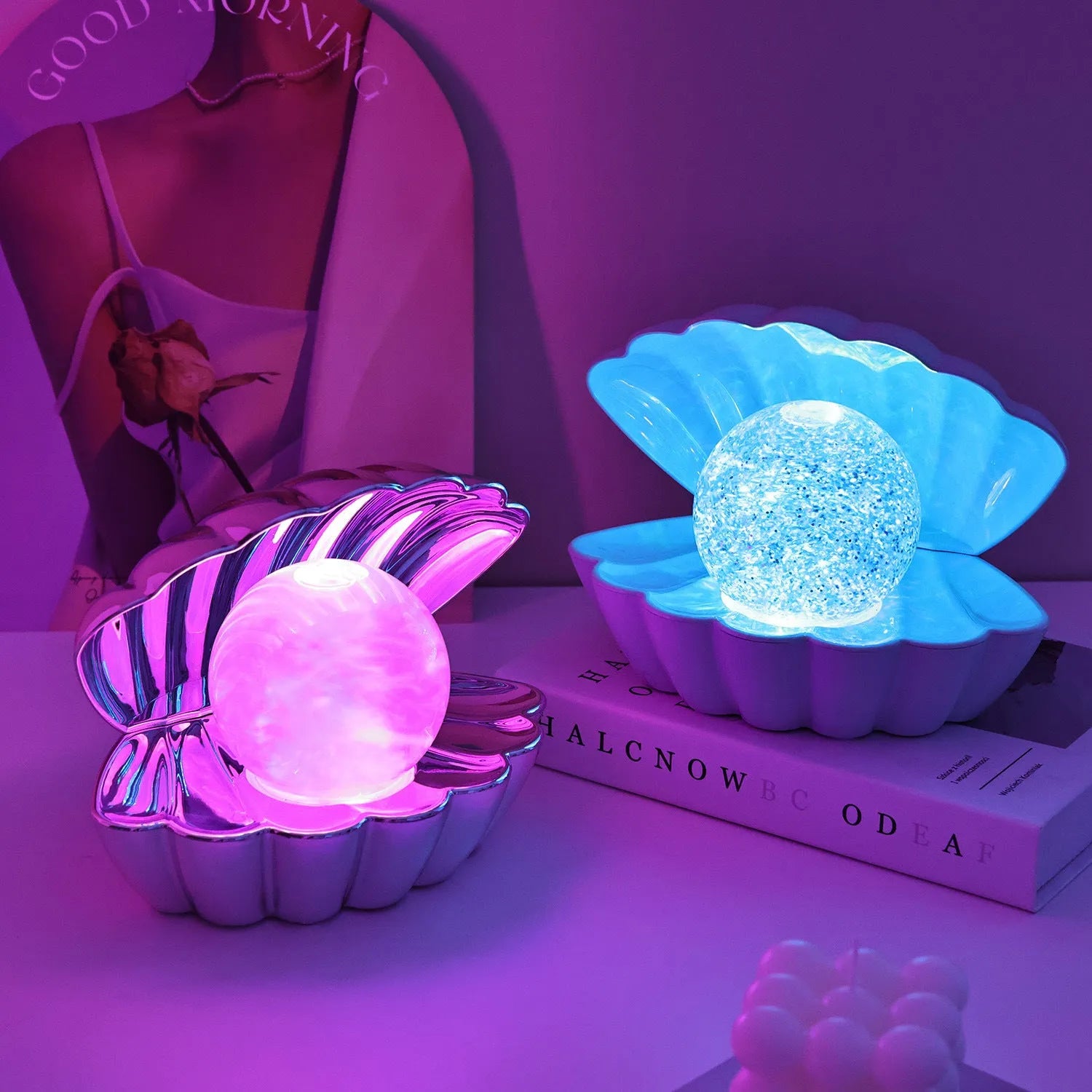 Shell-shaped decorative night lamp with neon ambience lighting in mist-effect colours