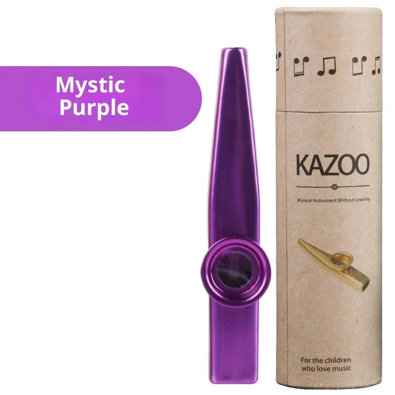 Metal kazoo in Flame Red with paper tube against a white background