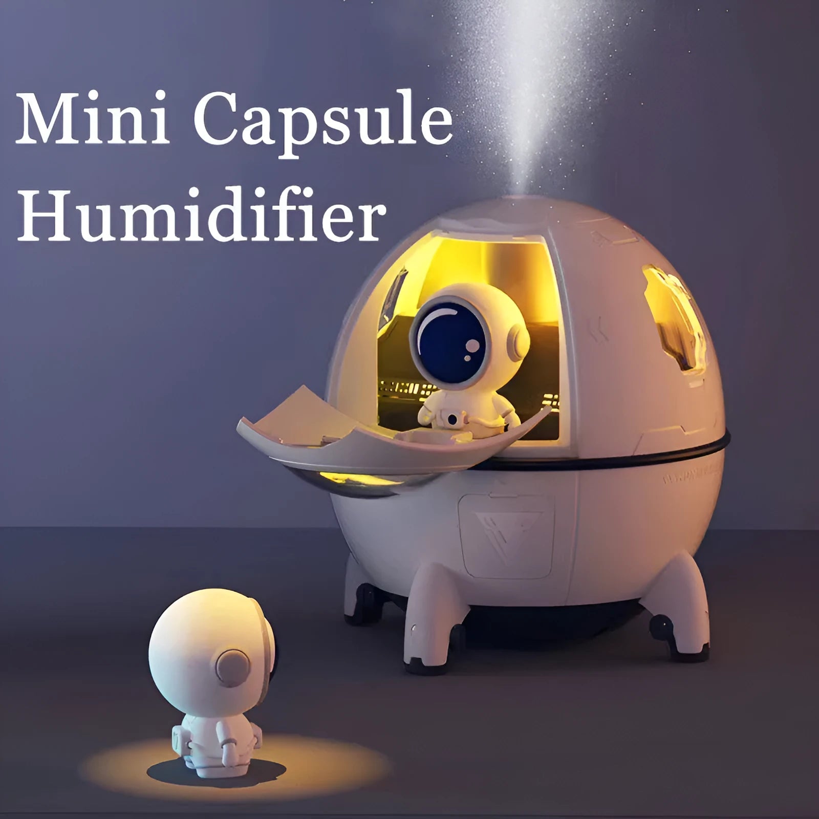 Purple astronaut-shaped USB desktop humidifier with colourful LED lights showing 220ml water capacity