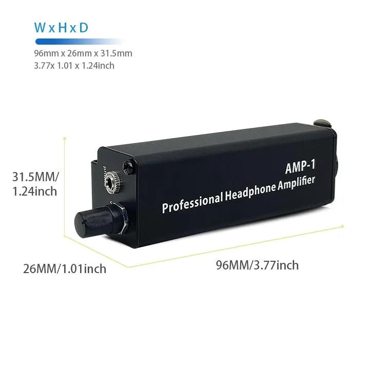 Headphone volume adjustment converter with XLR interface, compact size 9.6×2.6×3.15cm, model AMP1
