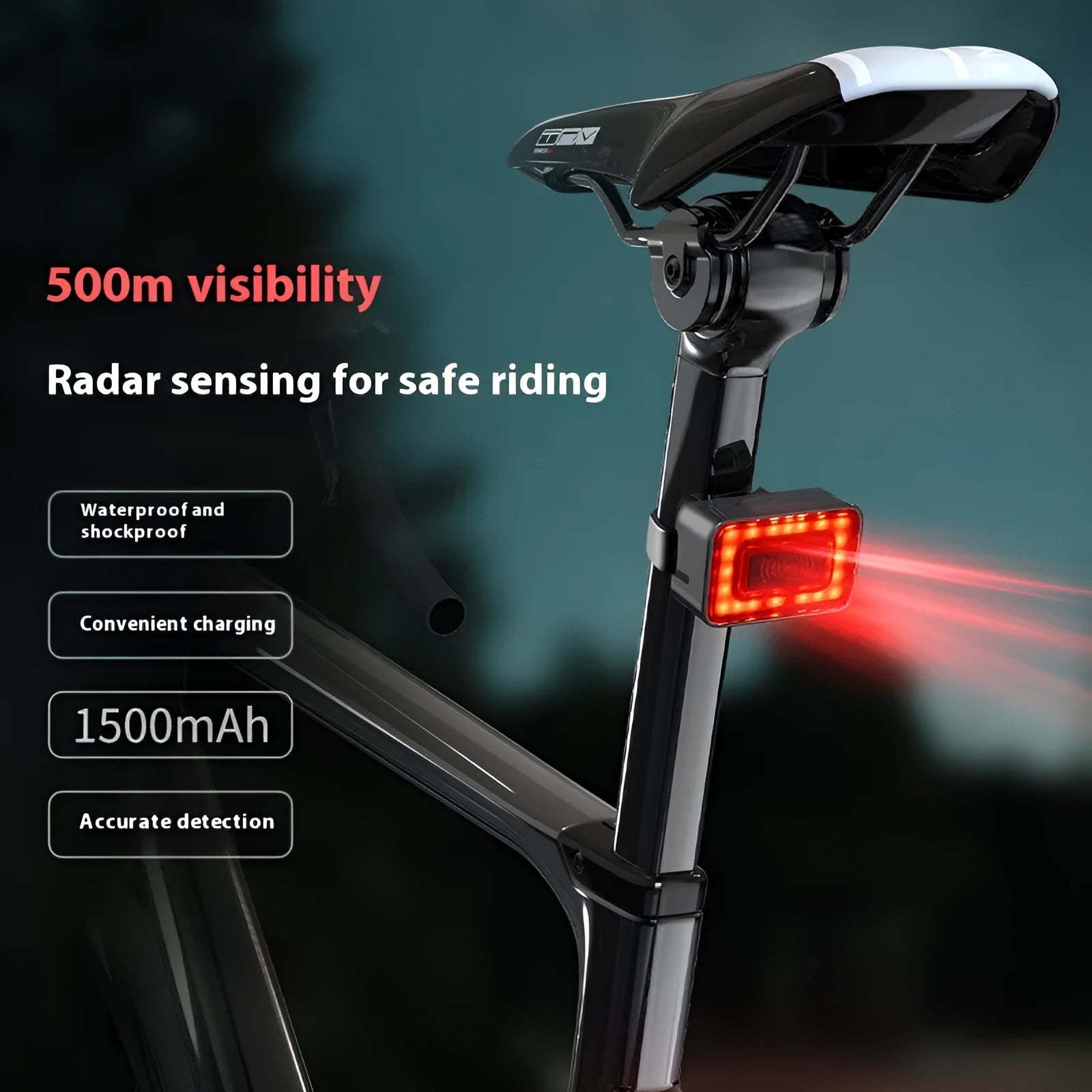 Smart radar bicycle taillight with double bracket mounting and USB-C charging port