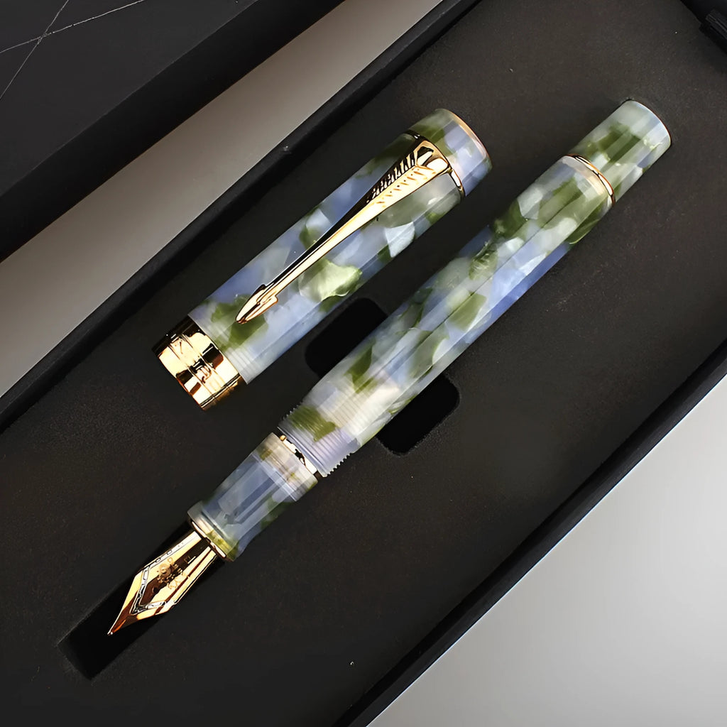 Deep Bath Green metal pen showing fine, medium, and art tip options.