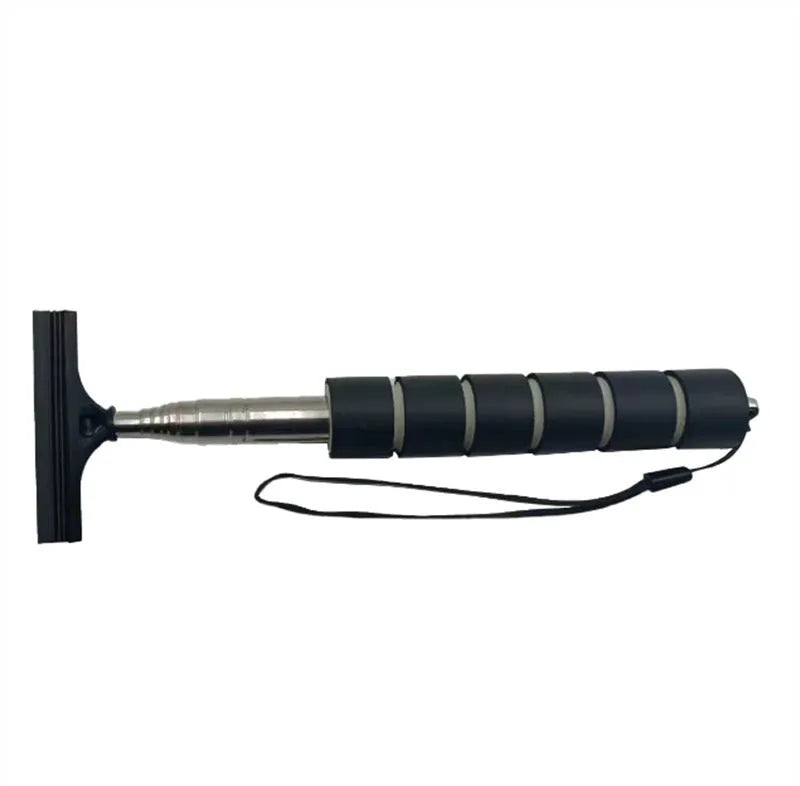 Retractable stainless steel car wiper with rubber blade, shown extended and in black, blue, green, orange, and pink colours.