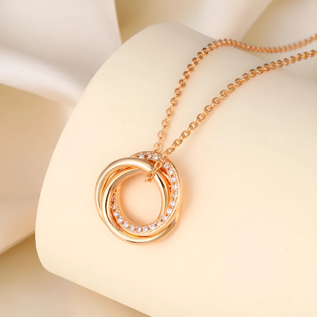 Seiko micro-inlaid interlocking circle necklace for women in champagne gold finish on copper pendant with 40.5cm chain