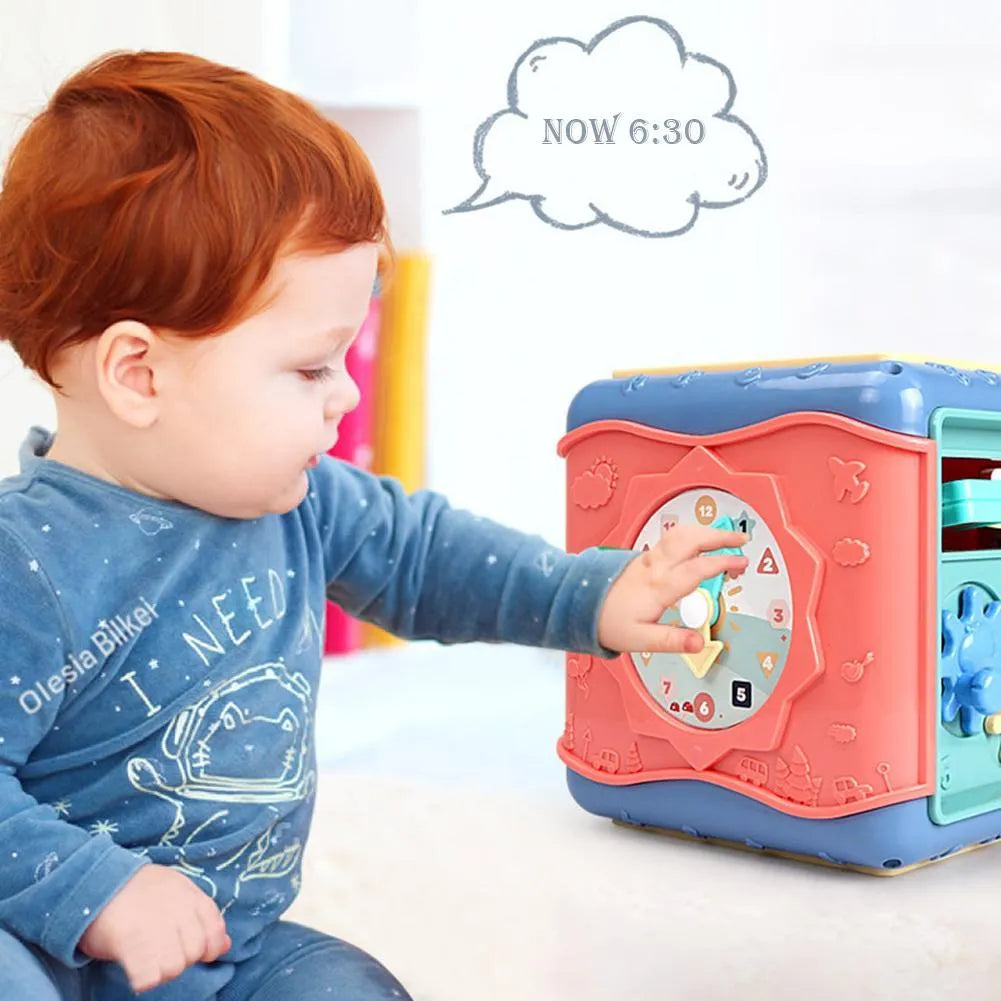 Baby Montessori hexahedron educational toy showing six sides with different learning activities
