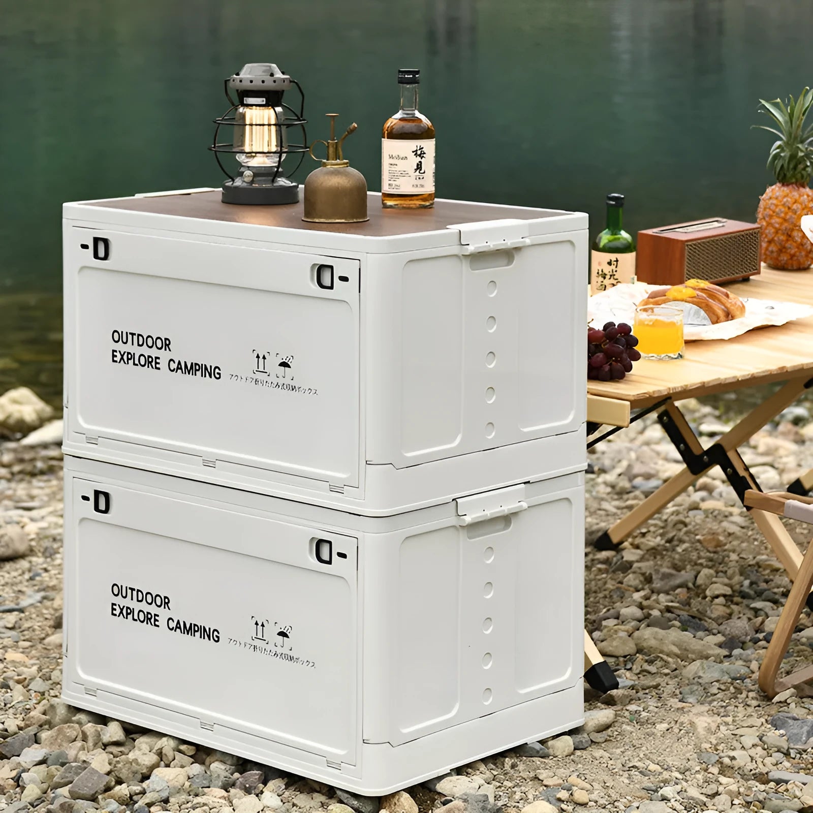 Large white foldable plastic storage box with a wooden lid for household organisation.