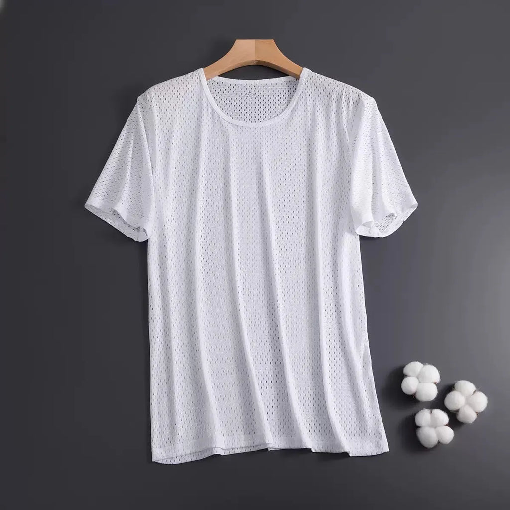 Men's black ice silk short sleeve T-shirt with crew neck and loose thin mesh fabric