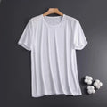 Men's black ice silk short sleeve T-shirt with crew neck and loose thin mesh fabric