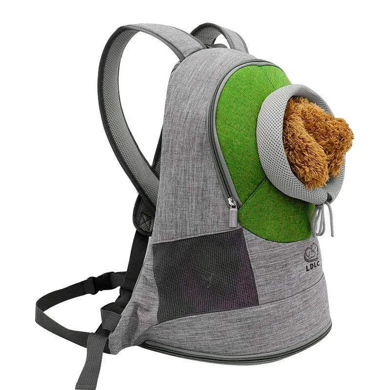 Blue M code dog cat carrier backpack with breathable mesh, open top, and side zips on polyester fabric