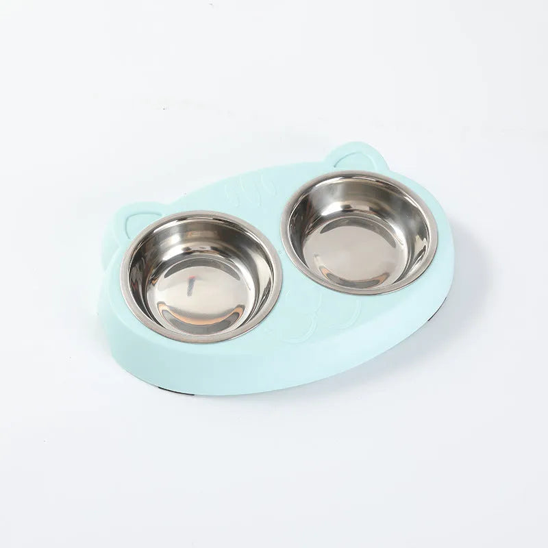 Blue macaron-shaped plastic pet feeder with two bowls for cat food and water