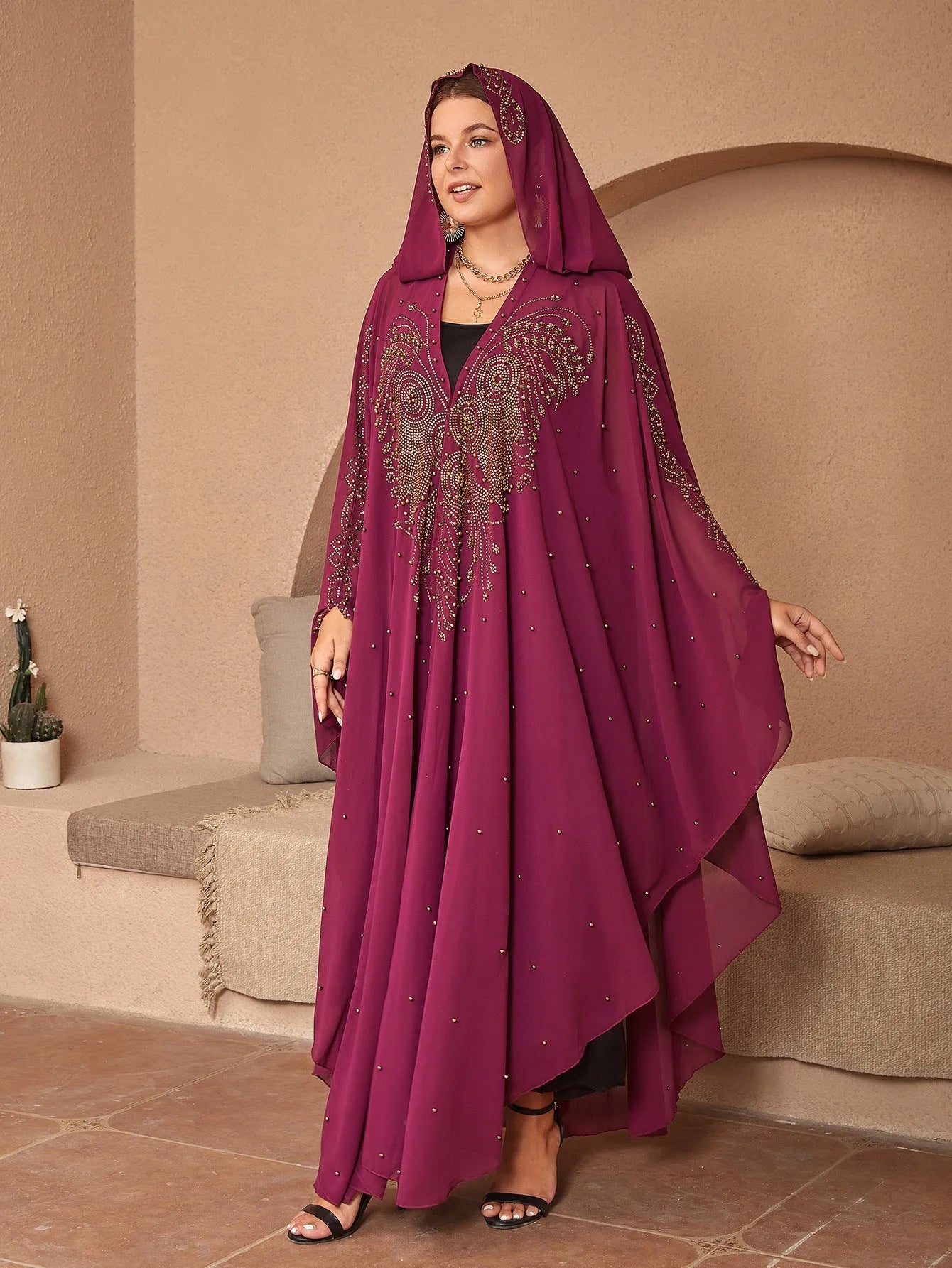 Muslim style chiffon shawl with rhinestone beading in purple colour, showing adjustable length drape
